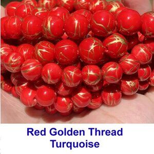 Red Golden Thread Turquoise Beads  15" Strand.